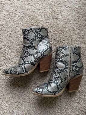 Snake Print Block Heel Ankle Boots in Taupe